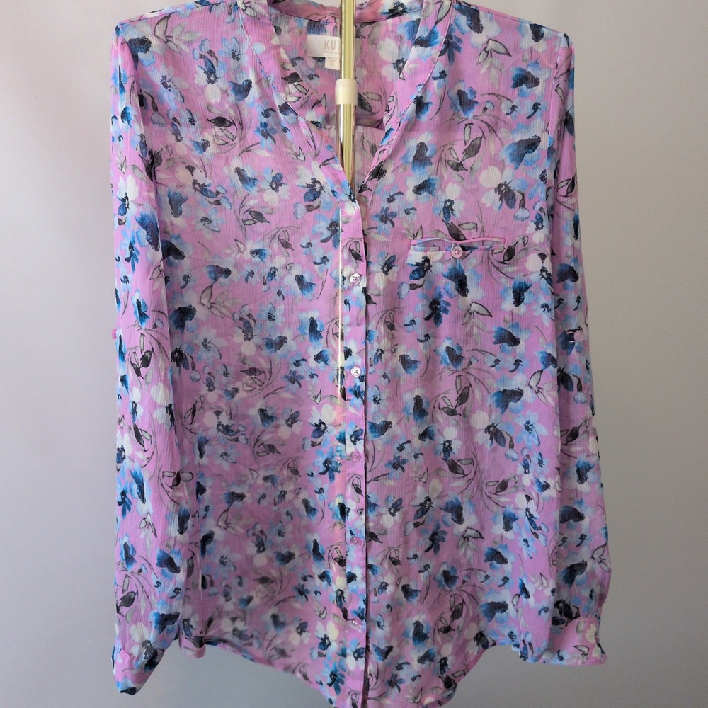 KUT from the Kloth Blouse Women XL Pink Floral Chiffon Roll Tab Sleeve V-Neck